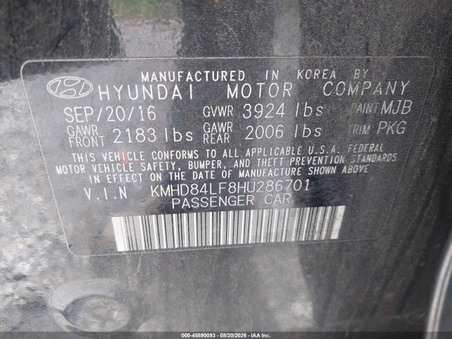 Aukcja sprzedaży 2017 Hyundai Elantra Limited, vin: KMHD84LF8HU286701, numer aukcji: 45890093