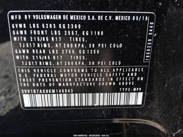 Продажа на аукционе авто 2019 Volkswagen Tiguan 2.0t S, vin: 3VV1B7AX8KM146943, номер лота: 45890102