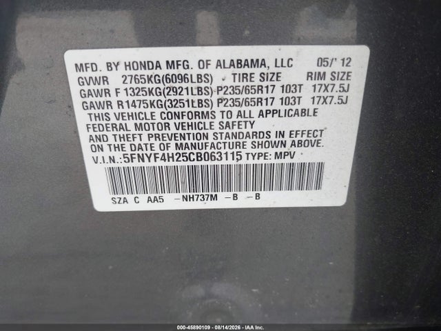 Продажа на аукционе авто 2012 Honda Pilot Lx, vin: 5FNYF4H25CB063115, номер лота: 45890109