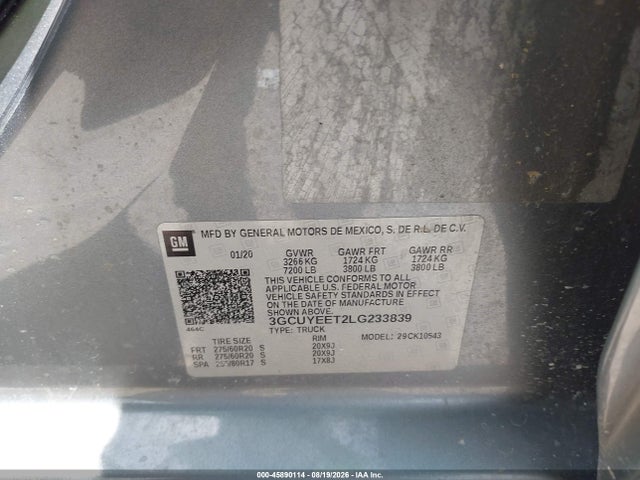 Aukcja sprzedaży 2020 Chevrolet Silverado 1500 4wd  Short Bed Rst, vin: 3GCUYEET2LG233839, numer aukcji: 45890114