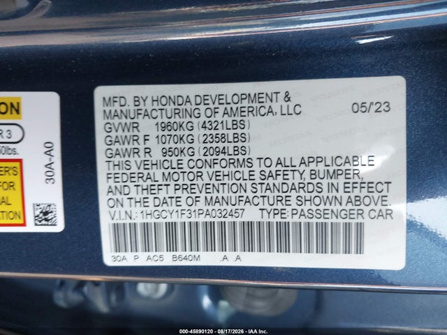 Продажа на аукционе авто 2023 Honda Accord Ex, vin: 1HGCY1F31PA032457, номер лота: 45890120