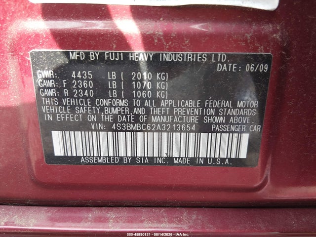2010 Subaru Legacy 2.5i Premium მანქანა იყიდება აუქციონზე, vin: 4S3BMBC62A3213654, აუქციონის ნომერი: 45890121