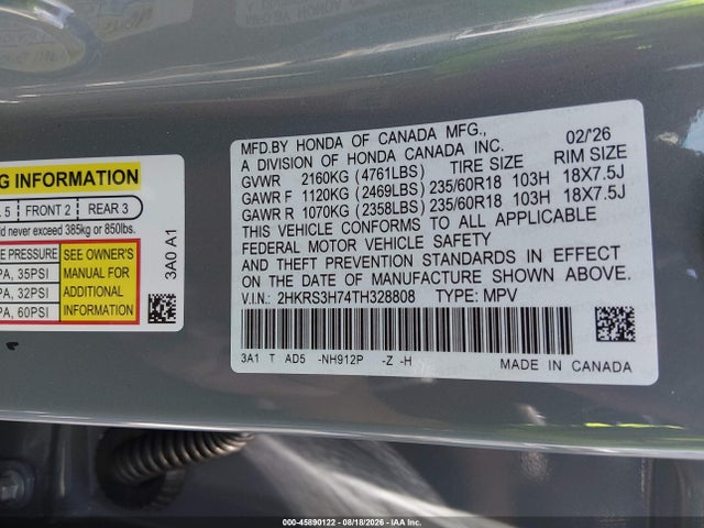 Aukcja sprzedaży 2026 Honda Cr-v Ex-l 2wd, vin: 2HKRS3H74TH328808, numer aukcji: 45890122