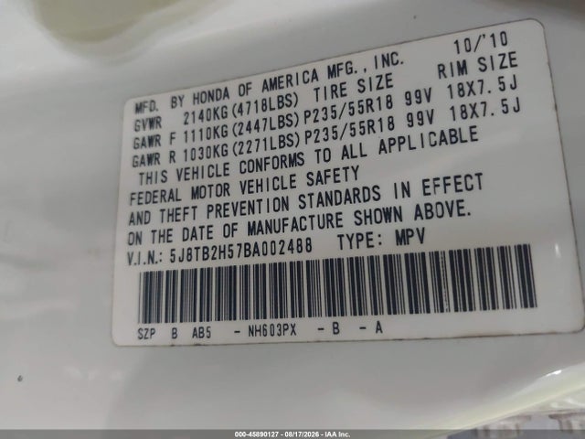 Auction sale of the 2011 Acura Rdx, vin: 5J8TB2H57BA002488, lot number: 45890127