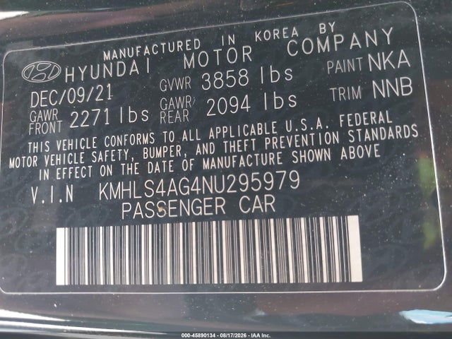 45890134 :رقم المزاد ، KMHLS4AG4NU295979 vin ، 2022 Hyundai Elantra Sel مزاد بيع