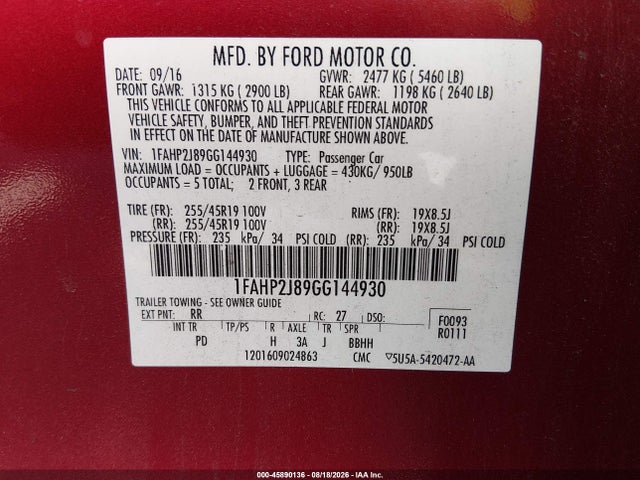 45890136 :رقم المزاد ، 1FAHP2J89GG144930 vin ، 2016 Ford Taurus Limited مزاد بيع