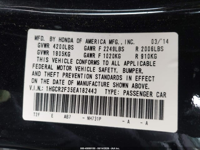 Aukcja sprzedaży 2014 Honda Accord Lx, vin: 1HGCR2F35EA182443, numer aukcji: 45890150