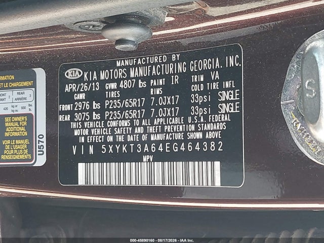 Auction sale of the 2014 Kia Sorento Lx, vin: 5XYKT3A64EG464382, lot number: 45890160