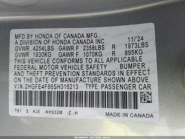 45890167 :رقم المزاد ، 2HGFE4F86SH316213 vin ، 2025 Honda Civic Hybrid Sport/sport Touring مزاد بيع