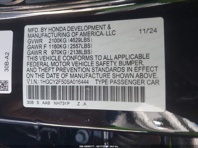45890177 :رقم المزاد ، 1HGCY2F50SA016444 vin ، 2025 Honda Accord Hybrid Sport مزاد بيع