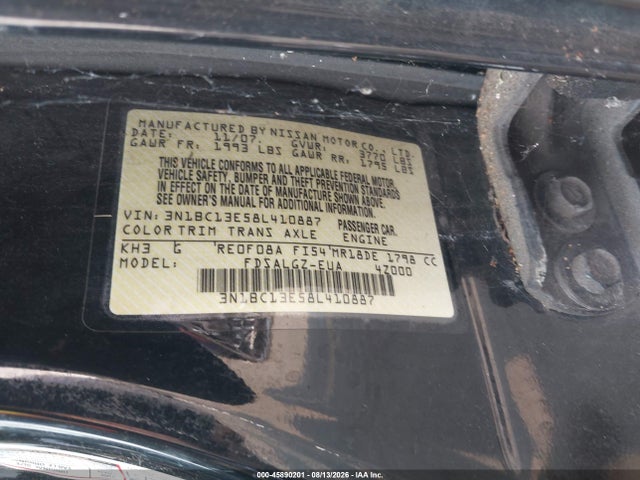 Продаж на аукціоні авто 2008 Nissan Versa 1.8 Sl, vin: 3N1BC13E58L410887, номер лоту: 45890201