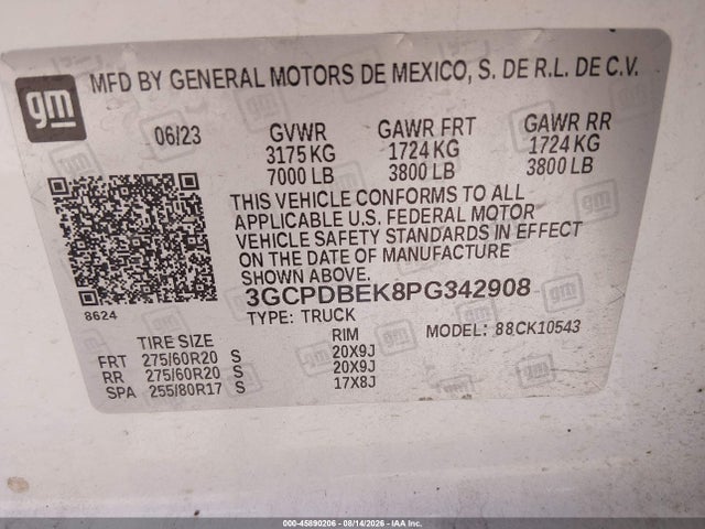 Aukcja sprzedaży 2023 Chevrolet Silverado 1500 4wd  Short Bed Custom, vin: 3GCPDBEK8PG342908, numer aukcji: 45890206