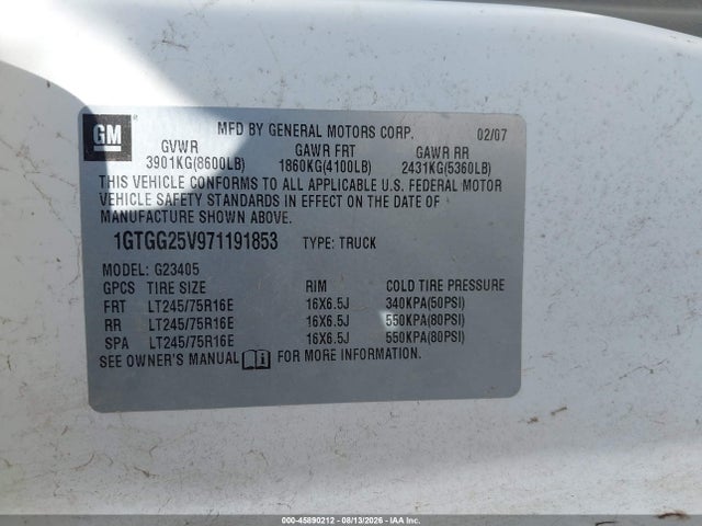 45890212 :رقم المزاد ، 1GTGG25V971191853 vin ، 2007 Gmc Savana Work Van مزاد بيع
