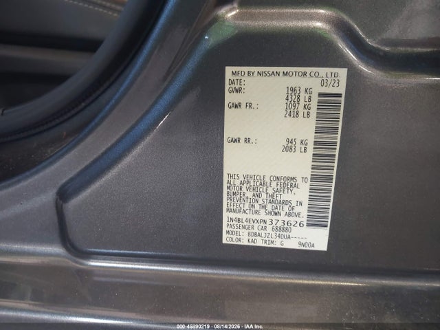 2023 Nissan Altima Sl Fwd მანქანა იყიდება აუქციონზე, vin: 1N4BL4EVXPN373626, აუქციონის ნომერი: 45890219