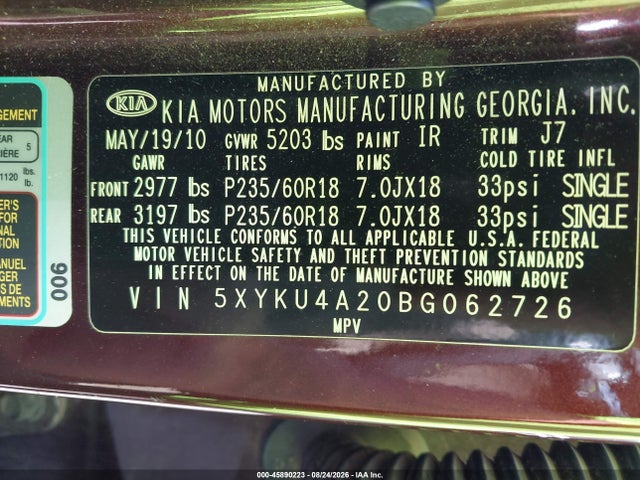 45890223 :رقم المزاد ، 5XYKU4A20BG062726 vin ، 2011 Kia Sorento Ex V6 مزاد بيع