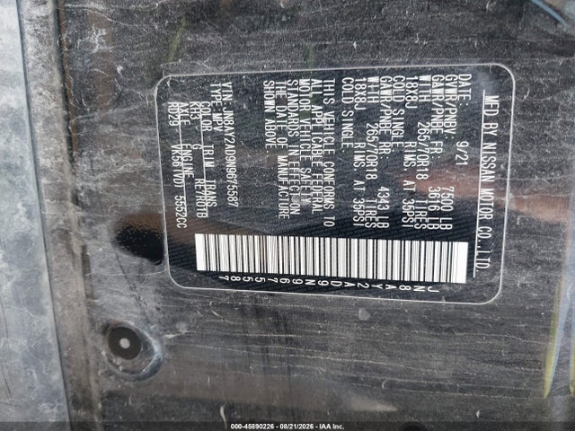 2022 Nissan Armada Sv 4wd მანქანა იყიდება აუქციონზე, vin: JN8AY2AD9N9675587, აუქციონის ნომერი: 45890226