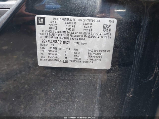 Продажа на аукционе авто 2016 Chevrolet Equinox Lt, vin: 2GNALCEK5G6110526, номер лота: 45890237