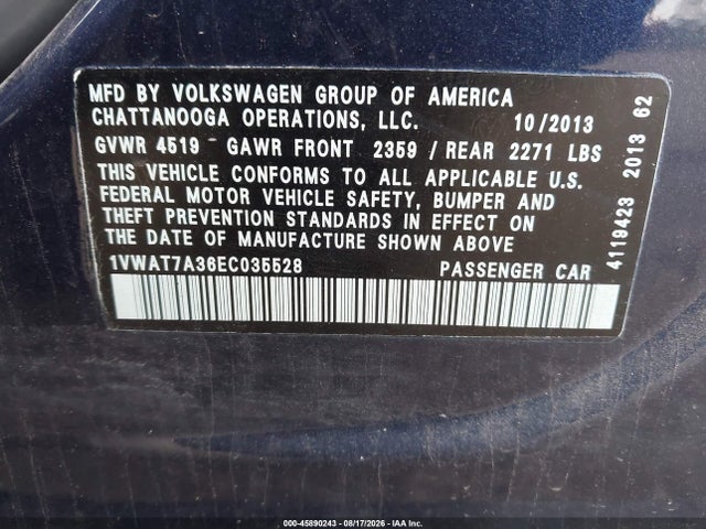 45890243 :رقم المزاد ، 1VWAT7A36EC035528 vin ، 2014 Volkswagen Passat 1.8t S مزاد بيع