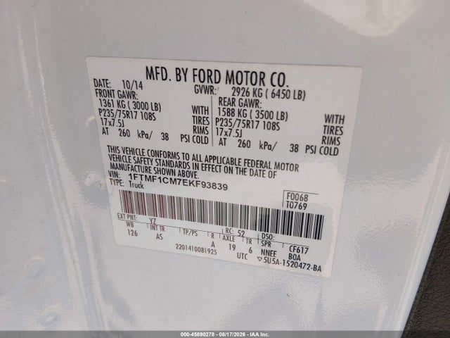 Продаж на аукціоні авто 2014 Ford F-150 Xl, vin: 1FTMF1CM7EKF93839, номер лоту: 45890278