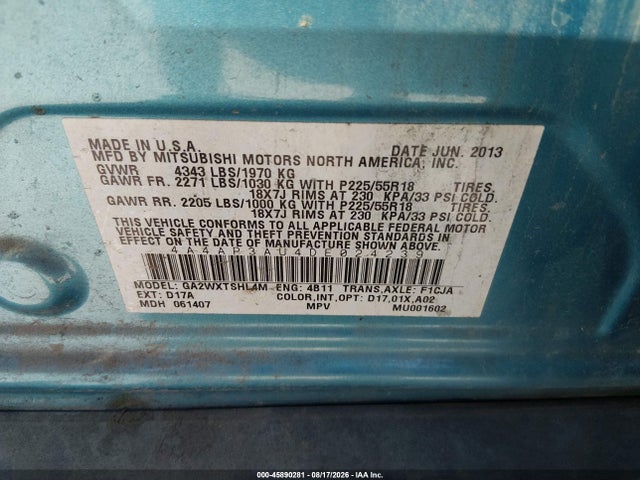 45890281 :رقم المزاد ، 4A4AP3AU4DE024239 vin ، 2013 Mitsubishi Outlander Sport Es مزاد بيع