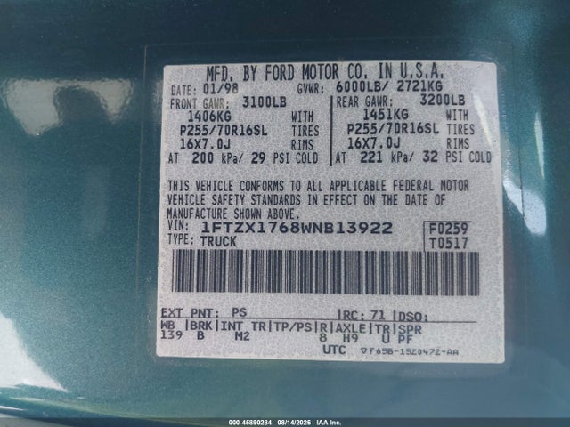 45890284 :رقم المزاد ، 1FTZX1768WNB13922 vin ، 1998 Ford F-150 Lariat/standard/xl/xlt مزاد بيع