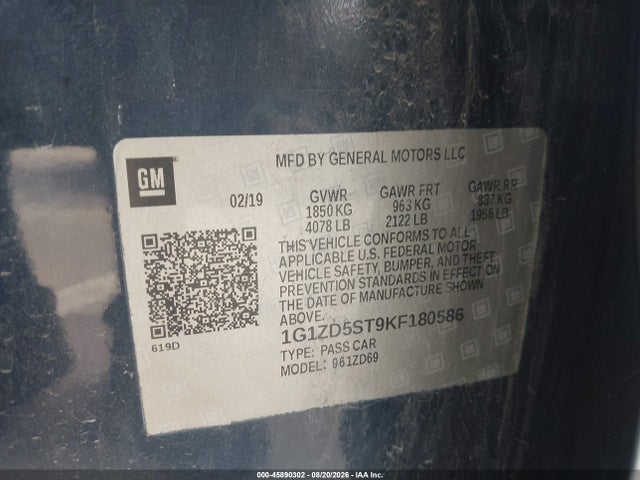 45890302 :رقم المزاد ، 1G1ZD5ST9KF180586 vin ، 2019 Chevrolet Malibu Lt مزاد بيع