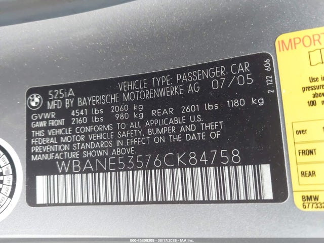 Продажа на аукционе авто 2006 Bmw 525i, vin: WBANE53576CK84758, номер лота: 45890309