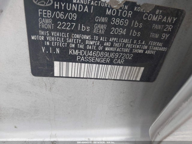 2009 Hyundai Elantra Gls მანქანა იყიდება აუქციონზე, vin: KMHDU46D89U697202, აუქციონის ნომერი: 45890315