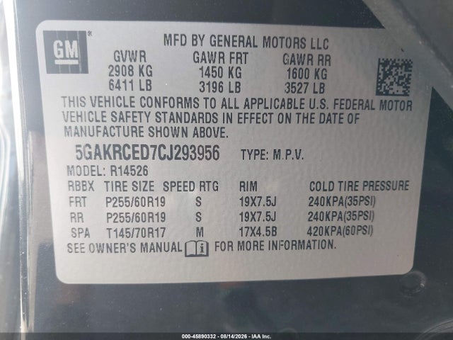 45890332 :رقم المزاد ، 5GAKRCED7CJ293956 vin ، 2012 Buick Enclave Leather مزاد بيع
