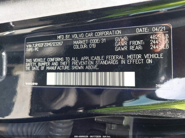 2021 Volvo S60 T5 Momentum მანქანა იყიდება აუქციონზე, vin: 7JR102FZ0MG123267, აუქციონის ნომერი: 45890338