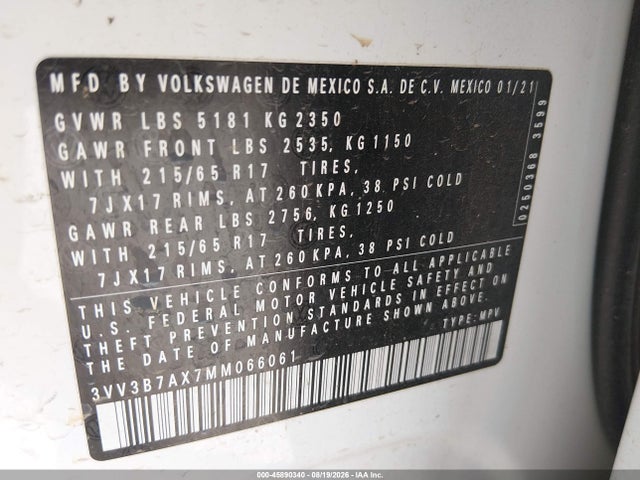 45890340 :رقم المزاد ، 3VV3B7AX7MM066061 vin ، 2021 Volkswagen Tiguan 2.0t Se/2.0t Se R-line Black/2.0t Sel مزاد بيع