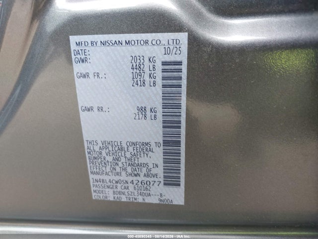 Aukcja sprzedaży 2025 Nissan Altima Sr Awd, vin: 1N4BL4CW0SN426077, numer aukcji: 45890345
