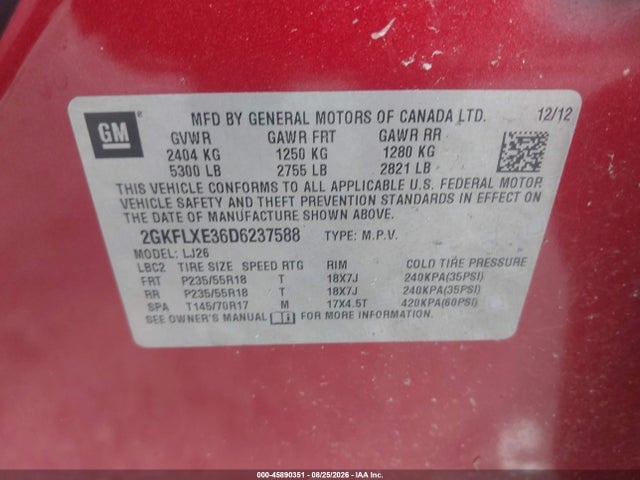 2013 Gmc Terrain Slt-2 მანქანა იყიდება აუქციონზე, vin: 2GKFLXE36D6237588, აუქციონის ნომერი: 45890351