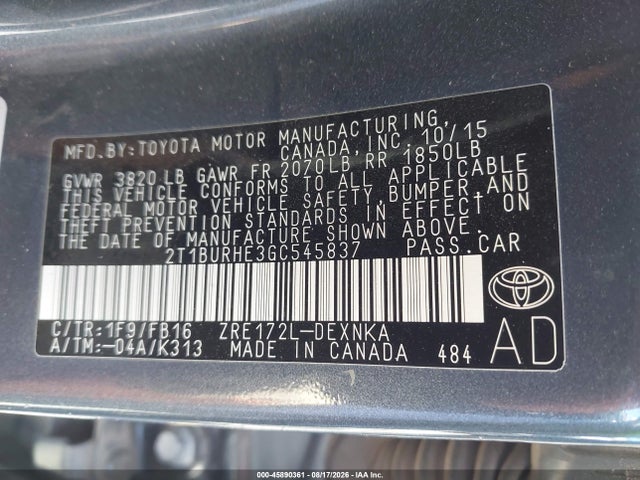 45890361 :رقم المزاد ، 2T1BURHE3GC545837 vin ، 2016 Toyota Corolla Le Plus مزاد بيع