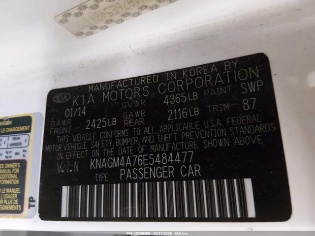 45890369 :رقم المزاد ، KNAGM4A76E5484477 vin ، 2014 Kia Optima Lx مزاد بيع