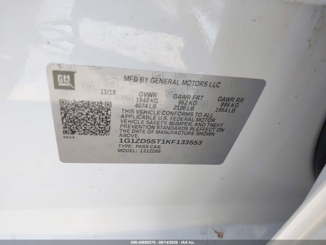 45890370 :رقم المزاد ، 1G1ZD5ST1KF133553 vin ، 2019 Chevrolet Malibu Lt مزاد بيع