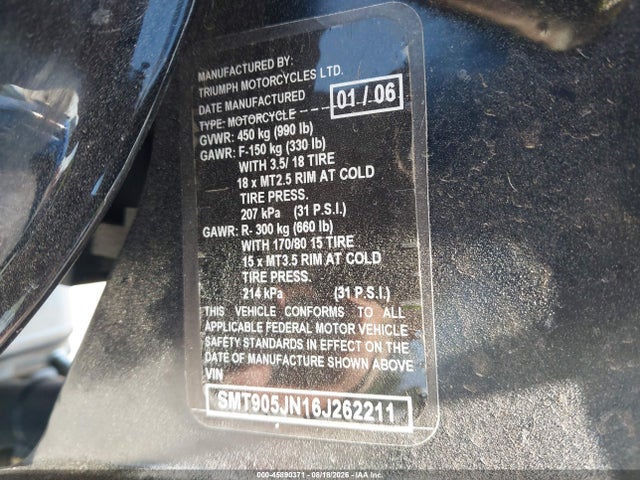 Aukcja sprzedaży 2006 Triumph Motorcycle Bonneville America, vin: SMT905JN16J262211, numer aukcji: 45890371
