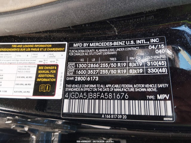 Aukcja sprzedaży 2015 Mercedes-benz Ml 350, vin: 4JGDA5JB8FA581676, numer aukcji: 45890381
