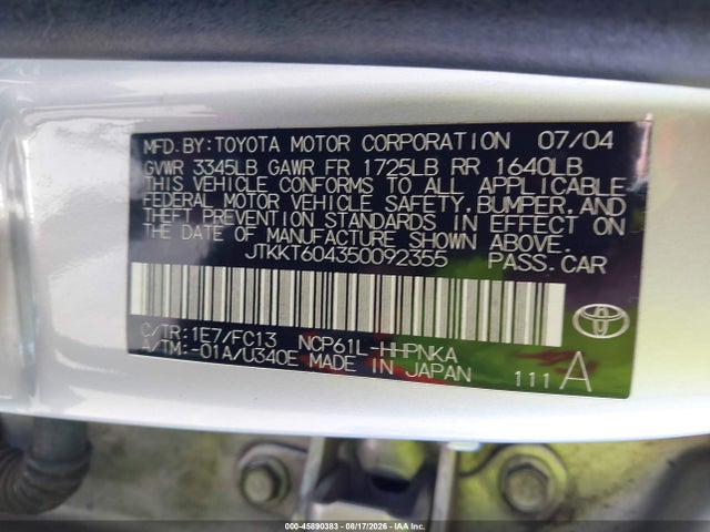 Aukcja sprzedaży 2005 Scion Xa, vin: JTKKT604350092355, numer aukcji: 45890383