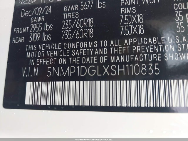 Aukcja sprzedaży 2025 Hyundai Santa Fe Se, vin: 5NMP1DGLXSH110835, numer aukcji: 45890384