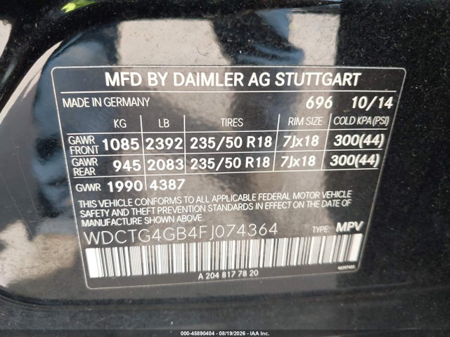 Aukcja sprzedaży 2015 Mercedes-benz Gla 250 4matic, vin: WDCTG4GB4FJ074364, numer aukcji: 45890404