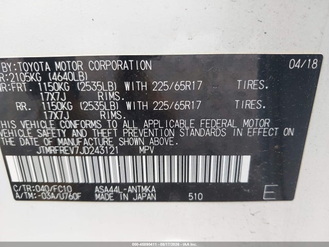 Продажа на аукционе авто 2018 Toyota Rav4 Xle, vin: JTMRFREV7JD243121, номер лота: 45890411
