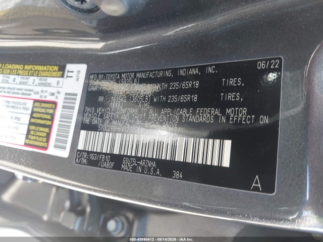 Aukcja sprzedaży 2022 Toyota Highlander L, vin: 5TDCZRBH6NS230088, numer aukcji: 45890412