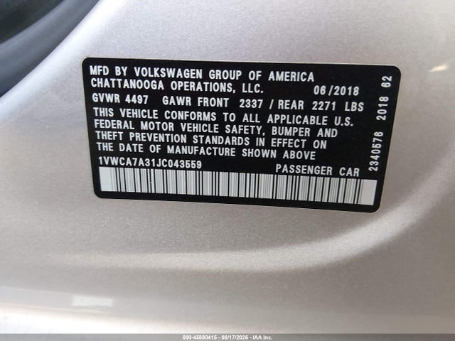 Aukcja sprzedaży 2018 Volkswagen Passat 2.0t Sel Premium, vin: 1VWCA7A31JC043559, numer aukcji: 45890415