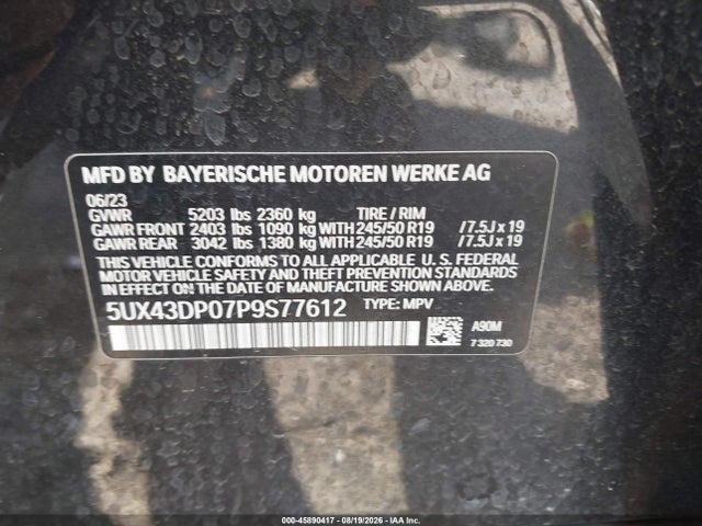 2023 Bmw X3 Sdrive30i მანქანა იყიდება აუქციონზე, vin: 5UX43DP07P9S77612, აუქციონის ნომერი: 45890417