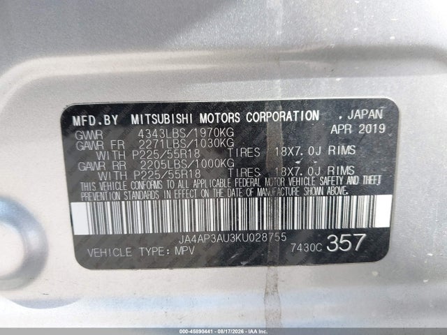 2019 Mitsubishi Outlander Sport 2.0 Es მანქანა იყიდება აუქციონზე, vin: JA4AP3AU3KU028755, აუქციონის ნომერი: 45890441