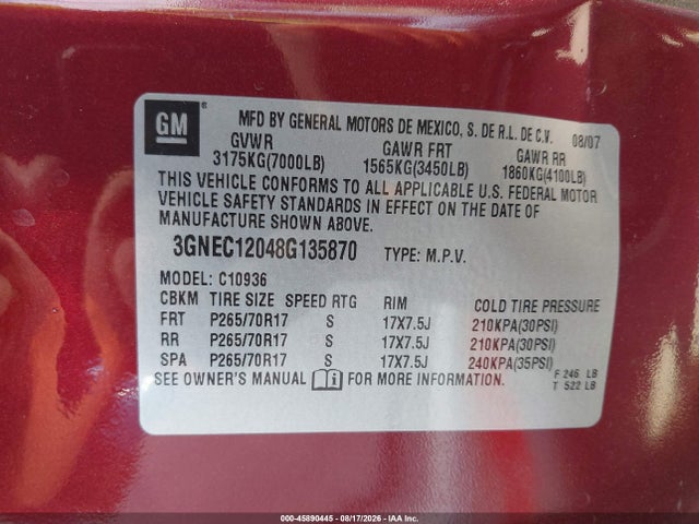Продаж на аукціоні авто 2008 Chevrolet Avalanche 1500 Lt, vin: 3GNEC12048G135870, номер лоту: 45890445