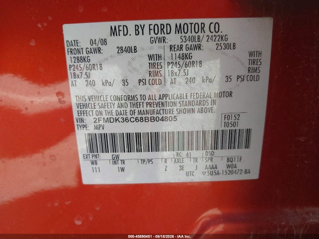 Auction sale of the 2008 Ford Edge Se, vin: 2FMDK36C68BB04805, lot number: 45890451