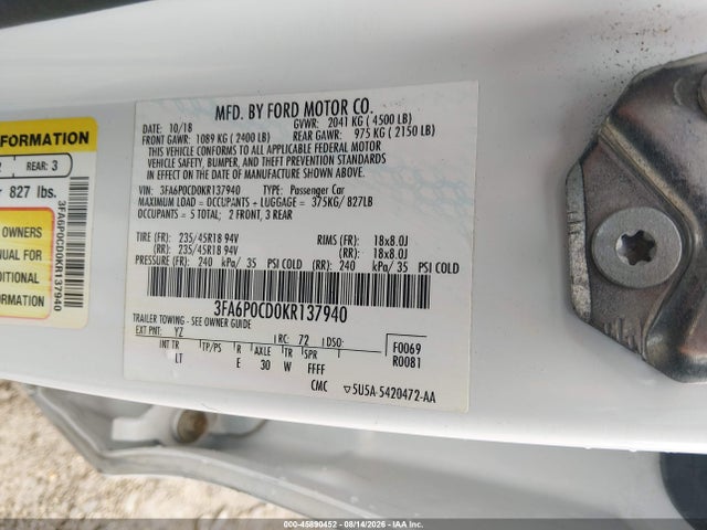 Продаж на аукціоні авто 2019 Ford Fusion Sel, vin: 3FA6P0CD0KR137940, номер лоту: 45890452