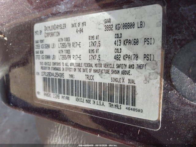 Aukcja sprzedaży 2004 Dodge Ram 2500 Slt/laramie, vin: 1D7KU28DX4J254305, numer aukcji: 45890459